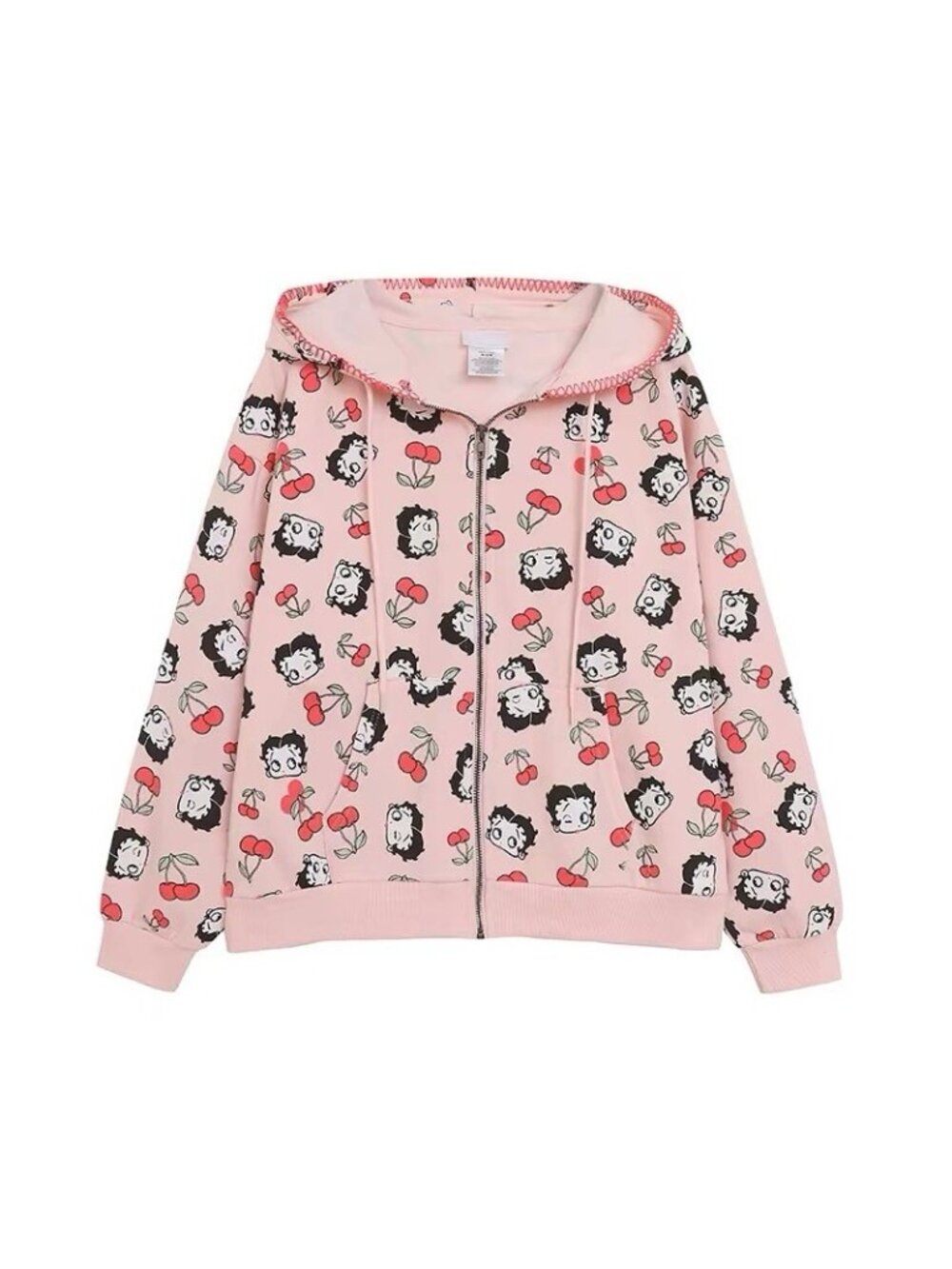 Betty Boop Cherry Print Zip Front Hoodie Sweatshirt